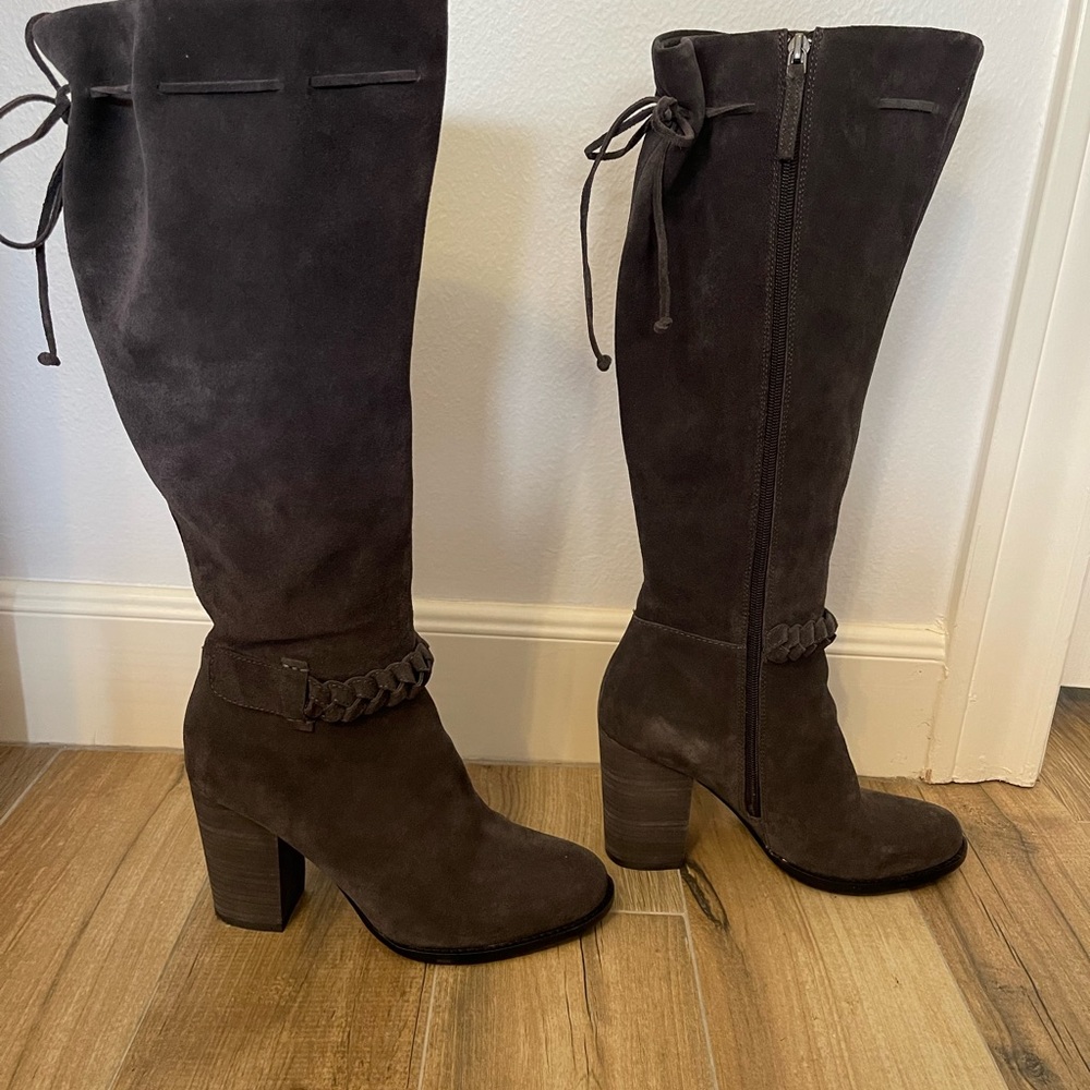 Gray Suede Boots Up to Knee 4 inch heel